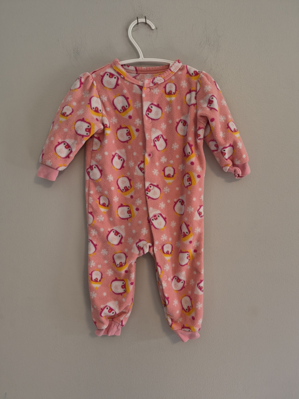 Joe Fresh 6/12m Pink Snowflake Penguin Fleece Button Up Footless Sleeper Romper